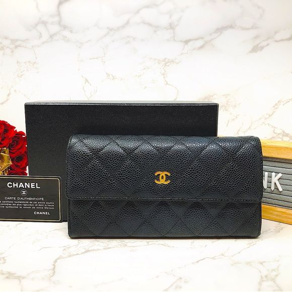 Chanel Caviar Leather Quilted Large Gusset Long Bifold Classic Flap Wallet